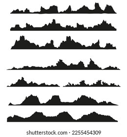 Mountains silhouettes on the white background. Wide semi-detailed panoramic silhouettes of highlands, mountains and rocky landscapes. Isolated Row of Mountains in Vector