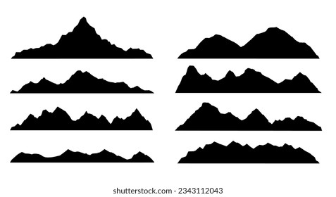 Berge Silhouetten auf weißem Hintergrund.  Felsgelände Naturlandschaft für die Landschaft. Vektorset von Outdoor-Design-Elementen. Berge und Berggipfel. 