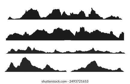 Montañas siluetas sobre el fondo blanco. Amplias siluetas panorámicas semidetalladas de tierras altas, montañas y paisajes rocosos. Fila aislada de montañas en el Vector png.	