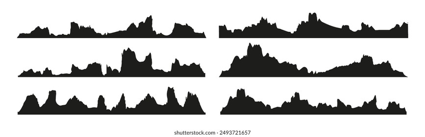 Montañas siluetas sobre el fondo blanco. Amplias siluetas panorámicas semidetalladas de tierras altas, montañas y paisajes rocosos. Fila aislada de montañas en el Vector png.	