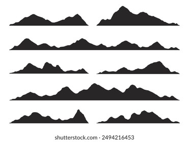 Mountains silhouettes on the white background. Wide semi-detailed panoramic silhouettes of highlands, mountains and rocky landscapes. Isolated Row of Mountains in Vector png.	