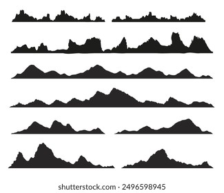 Mountains silhouettes on the white background. Wide semi-detailed panoramic silhouettes of highlands, mountains and rocky landscapes. Isolated Row of Mountains in Vector png.	