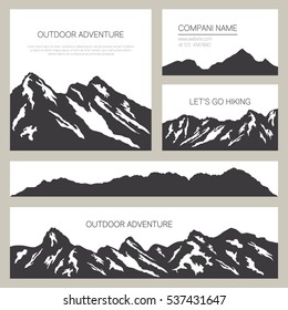 Mountains silhouettes on white background. Outdoor cards design. Set of stylish business card templates. Nature vector illustration.
