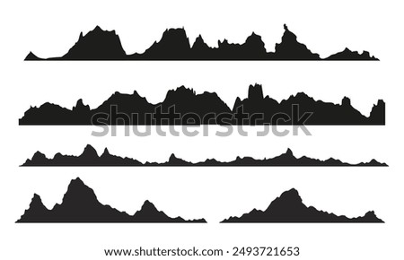 Mountains silhouettes on the white background. Wide semi-detailed panoramic silhouettes of highlands, mountains and rocky landscapes. Isolated Row of Mountains in Vector png.	