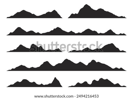 Mountains silhouettes on the white background. Wide semi-detailed panoramic silhouettes of highlands, mountains and rocky landscapes. Isolated Row of Mountains in Vector png.	