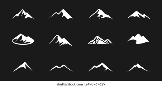 Mountains silhouettes set. Mountain, rock, hill, peak logos. Vector stock.