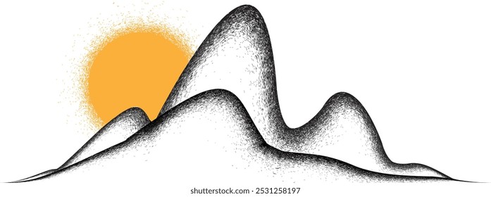 Mountains silhouettes with sun . Hill landscape  .Dune with sandy texture. Gritty, grain effect .  Hill peaks in sunset. Mountains with grainy peaks and sun. Sunset landscape .Vector