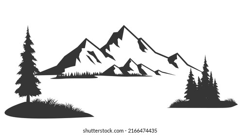 Mountains silhouettes. Mountains vector, Mountains vector of outdoor design elements, Mountain scenery, trees, pine vector, Mountain scenery.