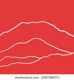 Mountains silhouettes white line on red background.