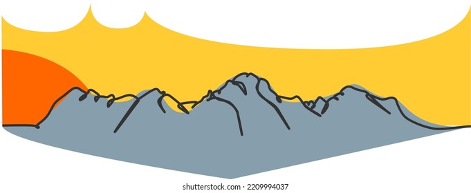 Montañas Dibujo simple de línea continua de color plano simple. Ilustración de vectores para el diseño de la naturaleza y el paisaje 