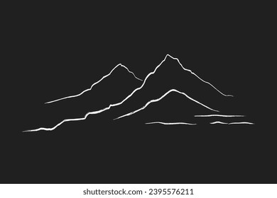 Mountains sketch drawing doodle chalk on the asphalt or on a school blackboard. Mountain landscape. White lines on black background