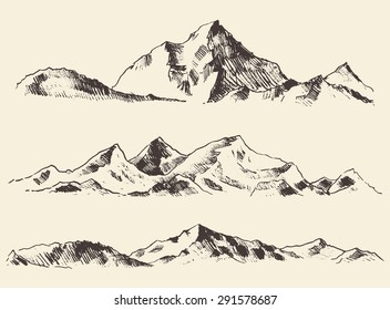 Mountains sketch, engraving style, hand drawn vector illustration