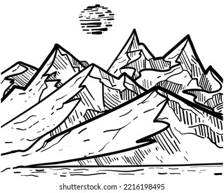 Mountains sketch. Hand drawn vector illustration. Mountain travel, highlands range. Dot and line art. Rocky peaks. Landscape silhouette