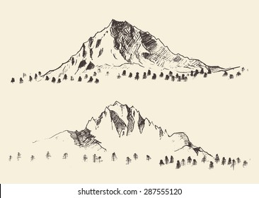 Mountains sketch, hand drawn vector illustration