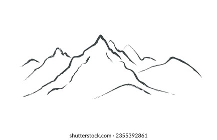 Mountains sketch. Line drawing of a mountain landscape with a black pencil. The concept of tourism, recreation, recreation, rock climbing.