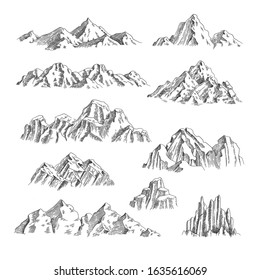 Mountains sketch. Outdoor wild nature rocks and mountains collection vector hand drawn set