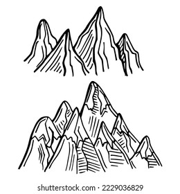 Mountains sketch. Outdoor wild nature rocks and mountains collection hand drawn set
