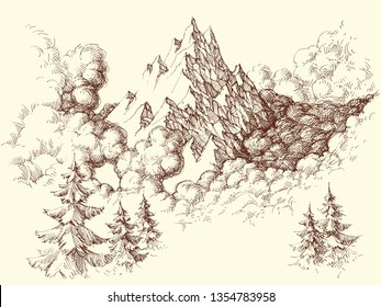 Mountains sketch. Mountains ranges in the clouds hand drawing