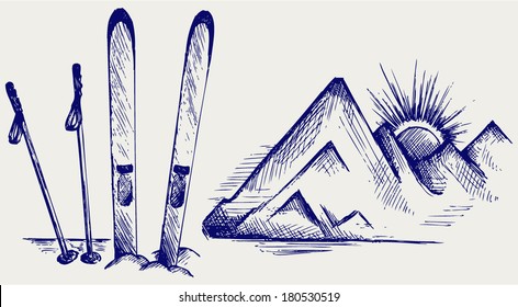 Mountains And Ski Equipments. Doodle Style