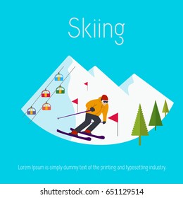 Mountains ski resort cable cars trees skier. Flat design