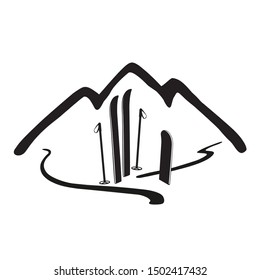 Mountains, skiing, snowboarding. Vector black and white logo. Isolated illustration. The concept of a healthy lifestyle, outdoor activities.
