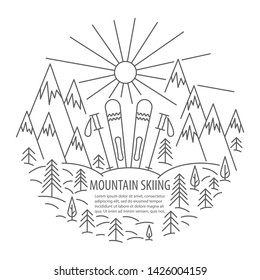 Mountains skiing template in linear style. Ski in snow banner. Vector illustration