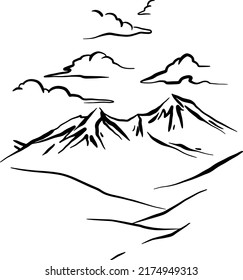 Mountains, sky, clouds, hand draw line vector illustration.