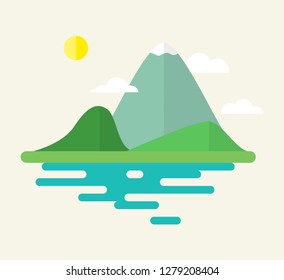 Mountains, sky and lake. Vector landscape illustration.