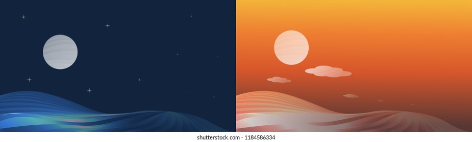 Mountains and sky in the same area But show night and day.