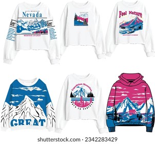 Gebirge und Slogan Print.
Trend Berge Druck und Slogan.