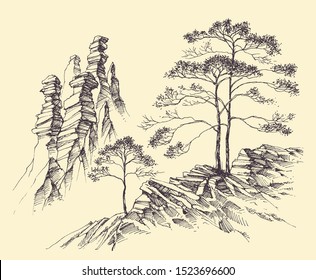 Mountains slopes and alpine trees landscape. Hand drawn nature background