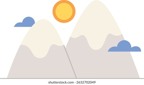 Mountains with snow caps and a sun in a minimalist style. Peaks are flanked by clouds under a bright sun. Cartoon vector illustration.