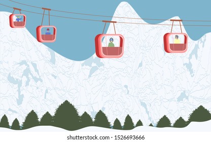 Mountains, snow, forest, cable car, trolleys with passengers, - illustration, vector. Travel Poster. Winter vacation.