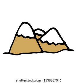 Mountains with snow on peak. Illustration isolated on white background. Hand drawn holidays icon. Inscription for prints, postcards, posters, socials, banners, stickers and seasonal design.