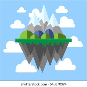 Mountains with Snow on the Top and Grasses on Rocky Floating Mountains in Clear Blue Sky with White Clouds