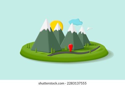 Mountains with snow on top, road, location, position, destination. Modern 3D image for route planning and outdoor recreation. Location geolocation.