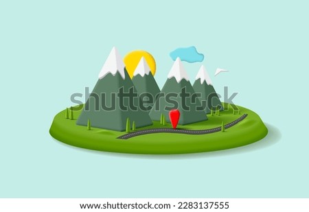 Mountains with snow on top, road, location, position, destination. Modern 3D image for route planning and outdoor recreation. Location geolocation.
