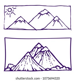 Mountains with snow peaks hand drawn icon doodle ink sketch vector illustration on white background