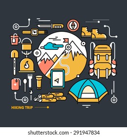 Mountains with snow peaks and tourist equipment. Hiking trip. Mountaineering. Travel. Thin, lines, outline icons for web design, analytics, graphic design and in flat design on black background