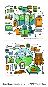 Mountains with snow peaks and tourist equipment. Hiking trip. Mountaineering. Travel. Stroke icons in flat design. Preparing to travel. Necessary items for journey. What to pack