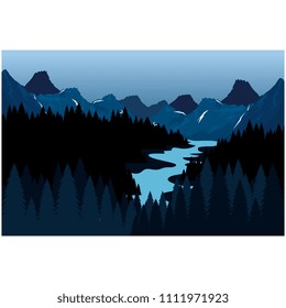 mountains with snow and river scene