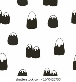 Mountains with snow in Scandinavian style, seamless black and white texture on a white background, vector. For printing on textiles, wallpaper in the nursery. Cute background for kids.