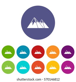 Mountains with snow set icons in different colors isolated on white background
