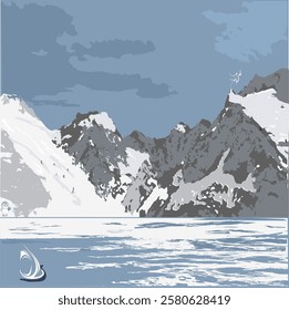 Mountains in the snow, small figures of skiers, a sailboat and a pond.