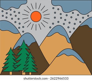 Mountains with snow and sun and fir trees. Flat design.