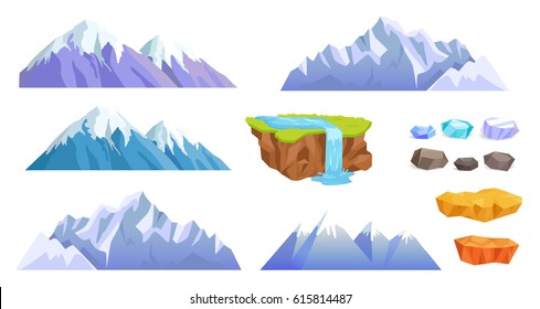 Mountains with snow tops, cliffs with stones, waterfall on hill, precious stone, layers of soil isolated on white background. Decorative elements for mobile video game interface vector illustration