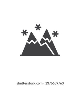 Mountains and snow vector icon. filled flat sign for mobile concept and web design. glyph icon. Snowflakes and snowy mountain peaks symbol, logo illustration. Pixel perfect vector graphics