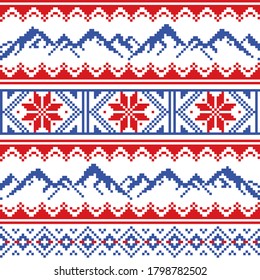 Mountains and snowboard vector seamless pattern, Fair Isle style traditional knitwear - hike, ski and snowboard concept
