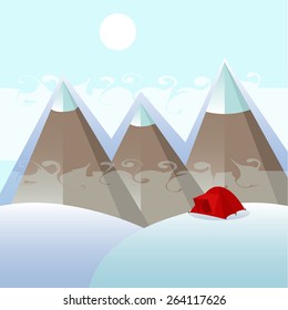 The mountains with snowy peaks, the red tent on a snowdrift, winter tourism