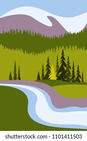 Mountains and snowy peaks, a river and trees. Poster for tourism with the natural environment, national parks, clean environment. 